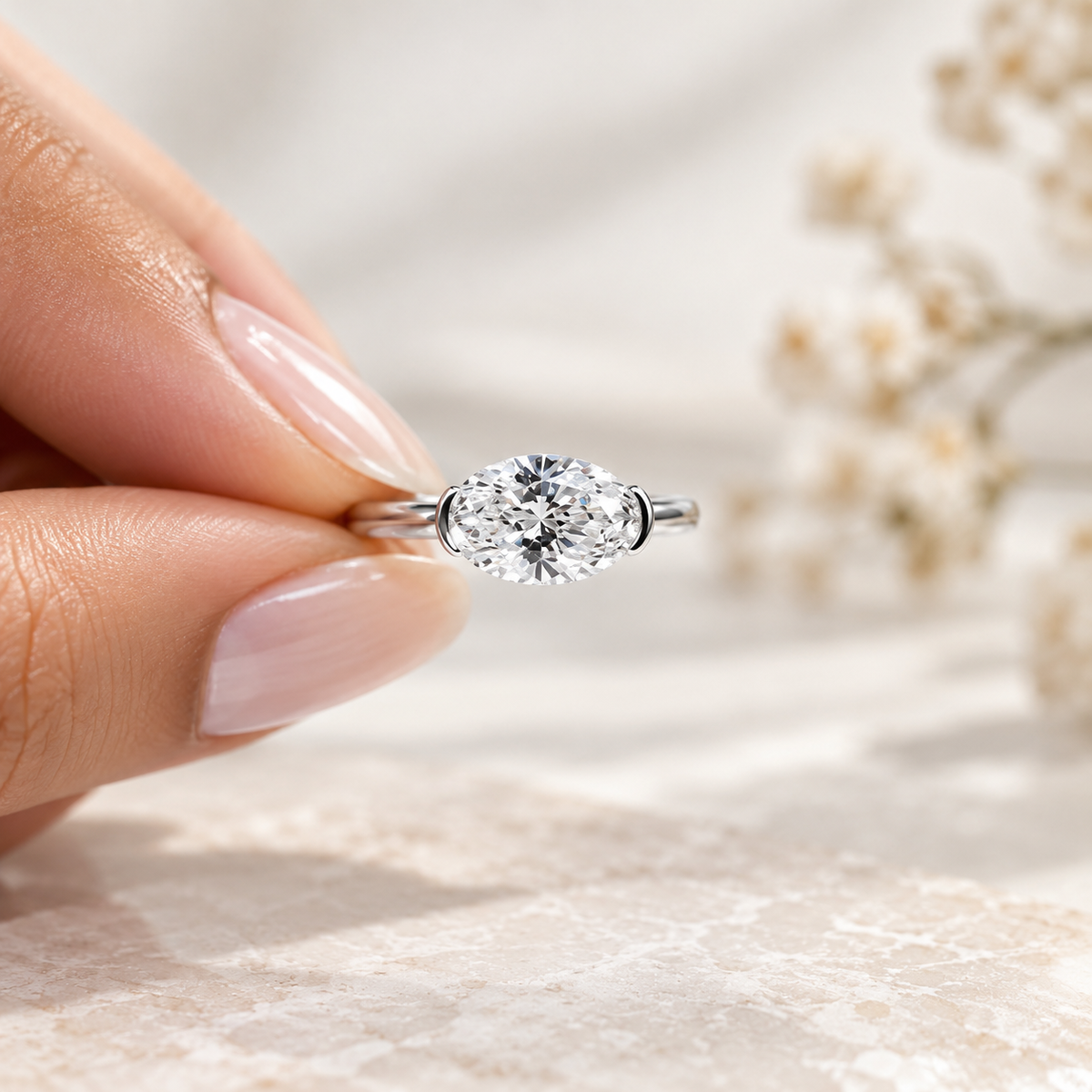 Oval Cut East-West Half-Bezel Lab-Grown Diamond Engagement Ring