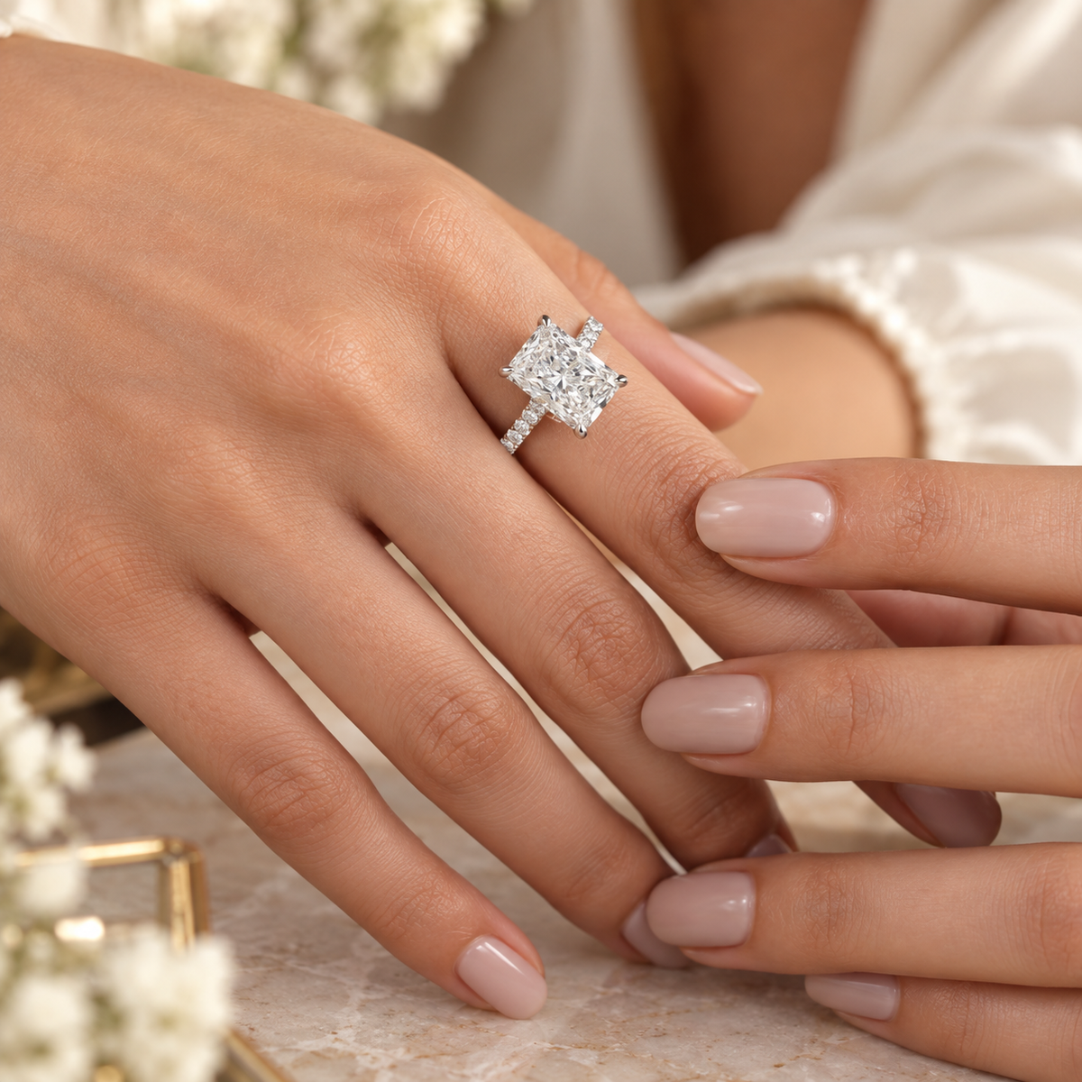 Radiant Cut Lab Grown Diamond Engagement Ring With Pave Band Hidden Halo
