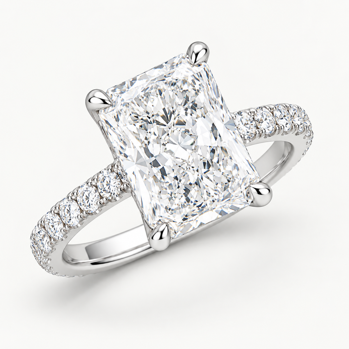 Radiant Cut Lab Grown Diamond Engagement Ring With Pave Band Hidden Halo