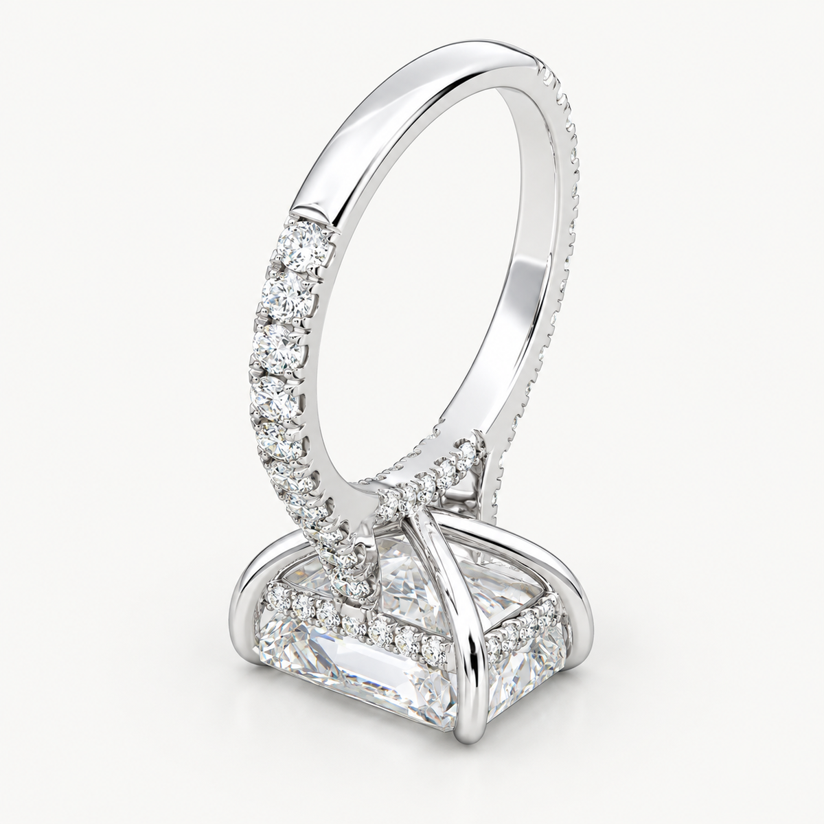 Radiant Cut Lab Grown Diamond Engagement Ring With Pave Band Hidden Halo