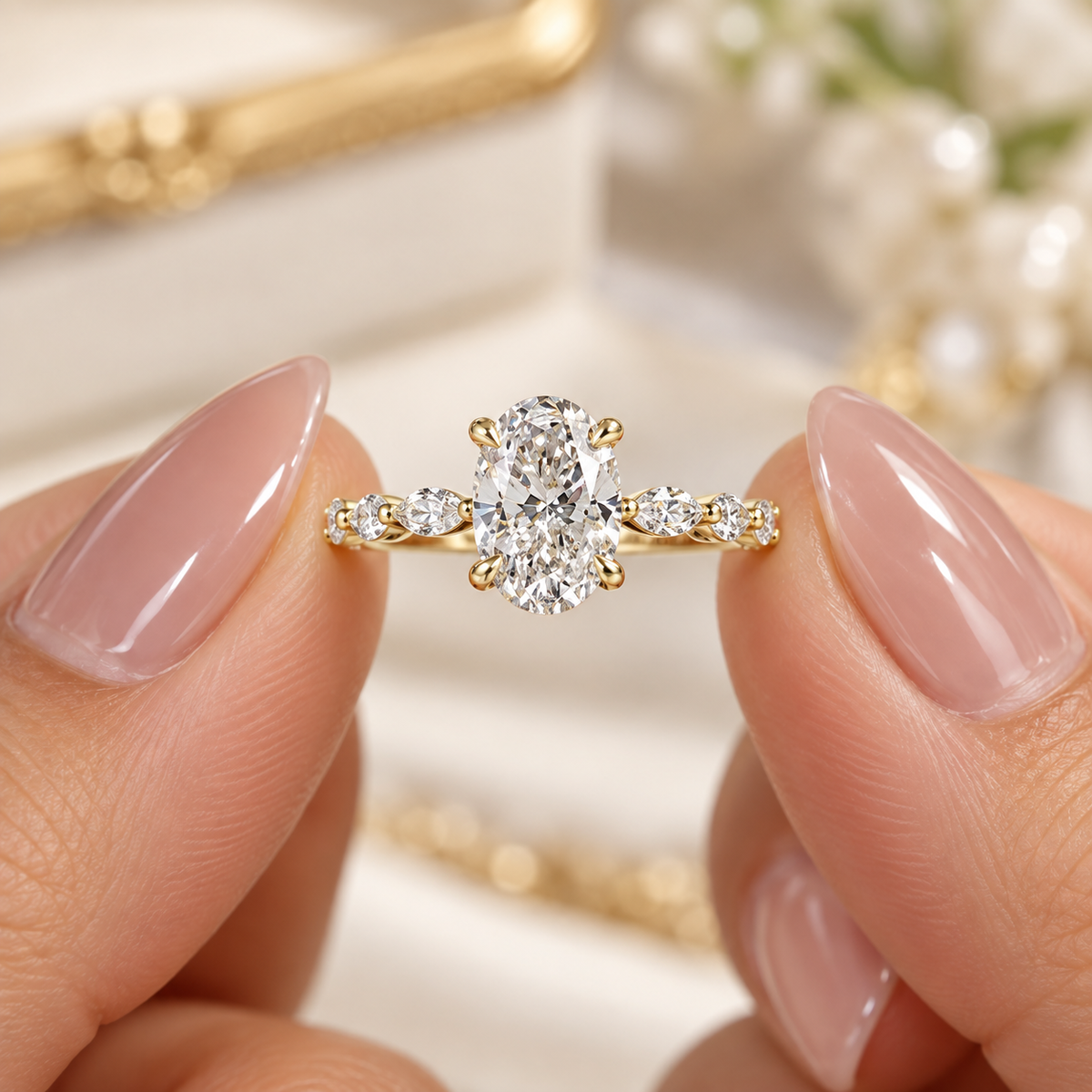 Oval Cut Engagement Ring with Marquise Side Stones