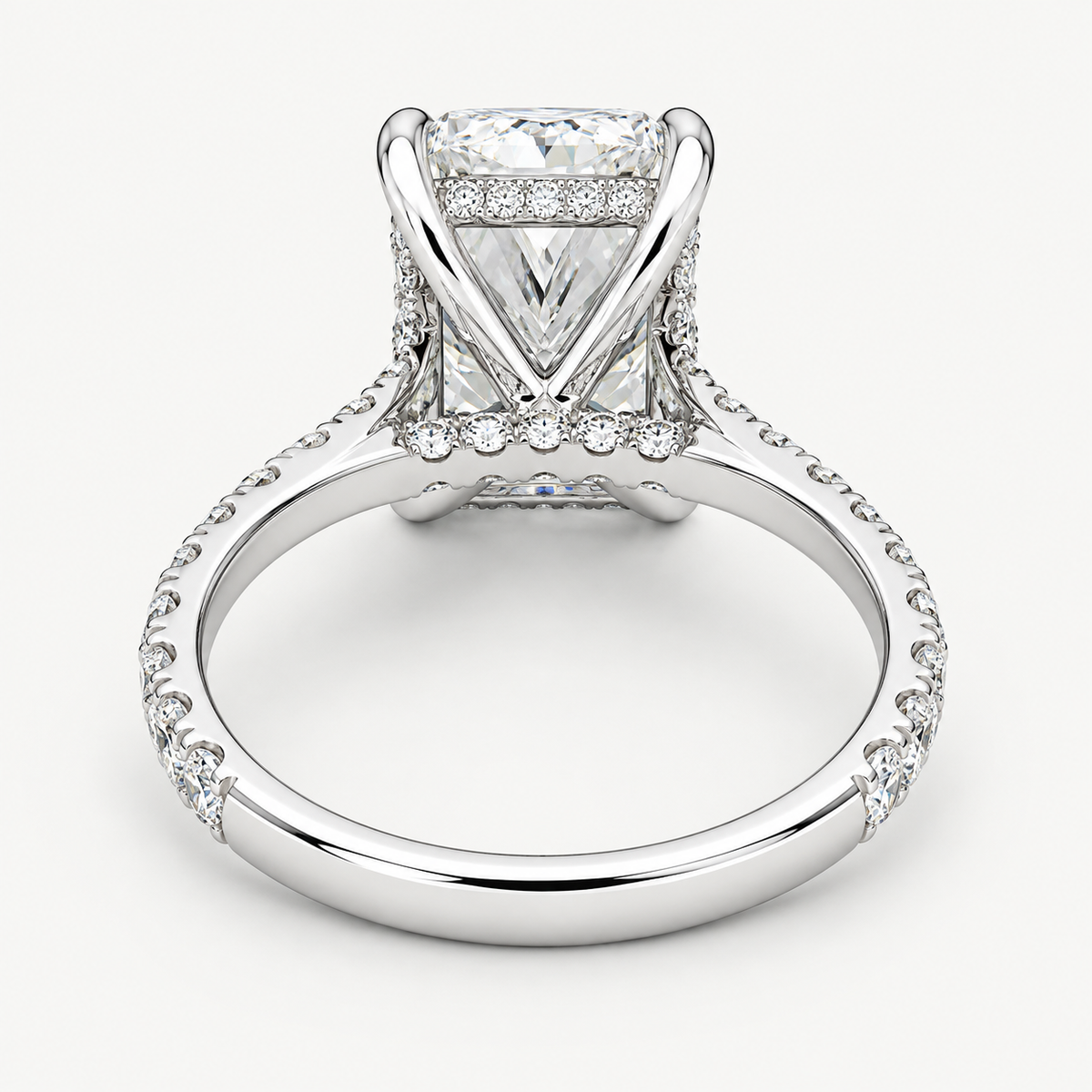 Radiant Cut Lab Grown Diamond Engagement Ring With Pave Band Hidden Halo