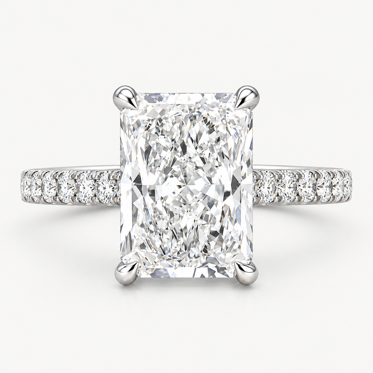 Radiant Cut Lab Grown Diamond Engagement Ring With Pave Band Hidden Halo