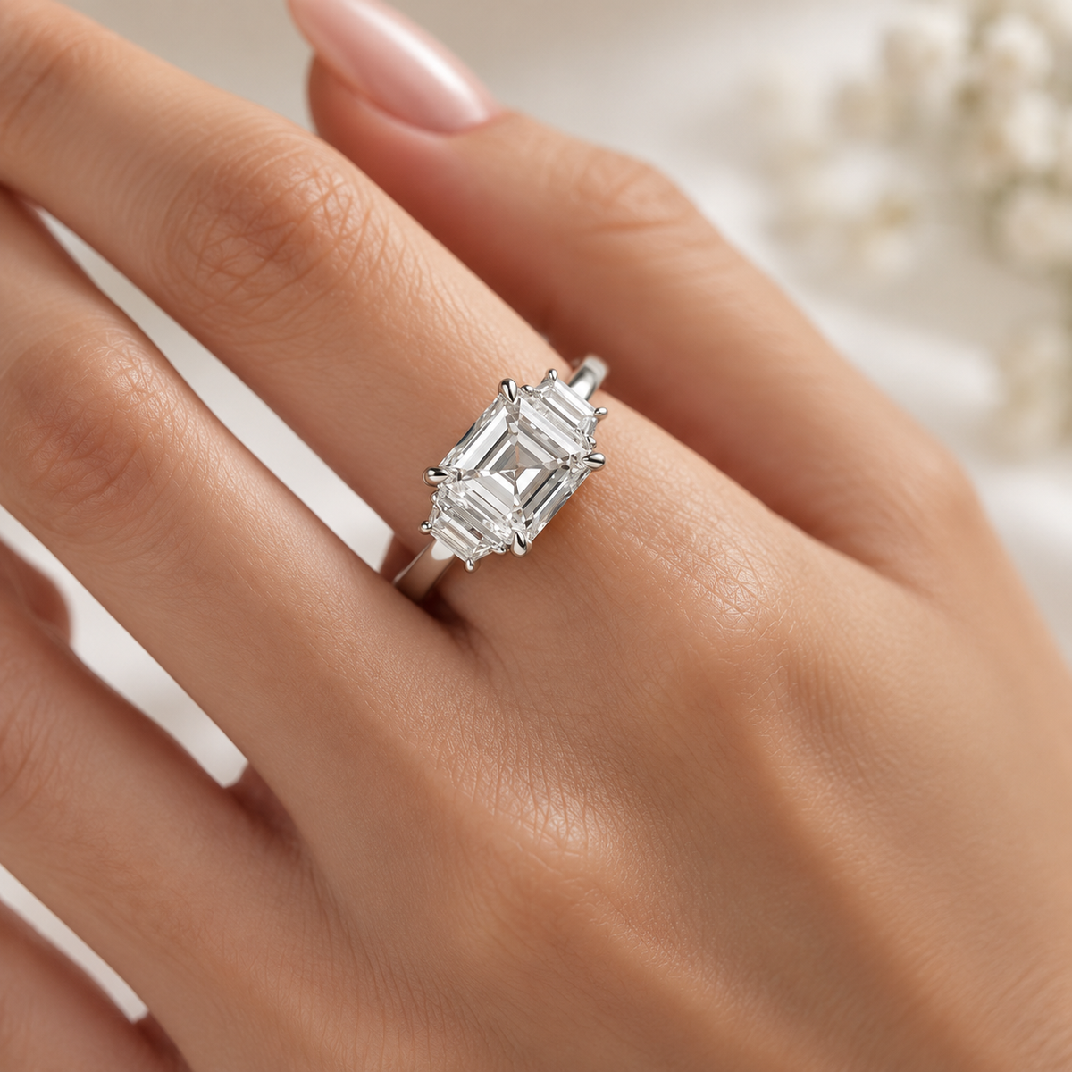 Three Stone Asscher Cut Lab-Grown Diamond Engagement Ring