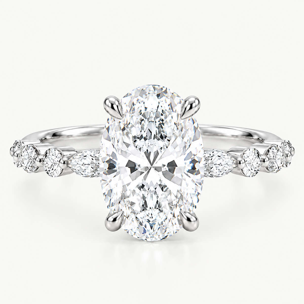 Oval-Cut Diamond Engagement Ring with Marquise and Round Accents