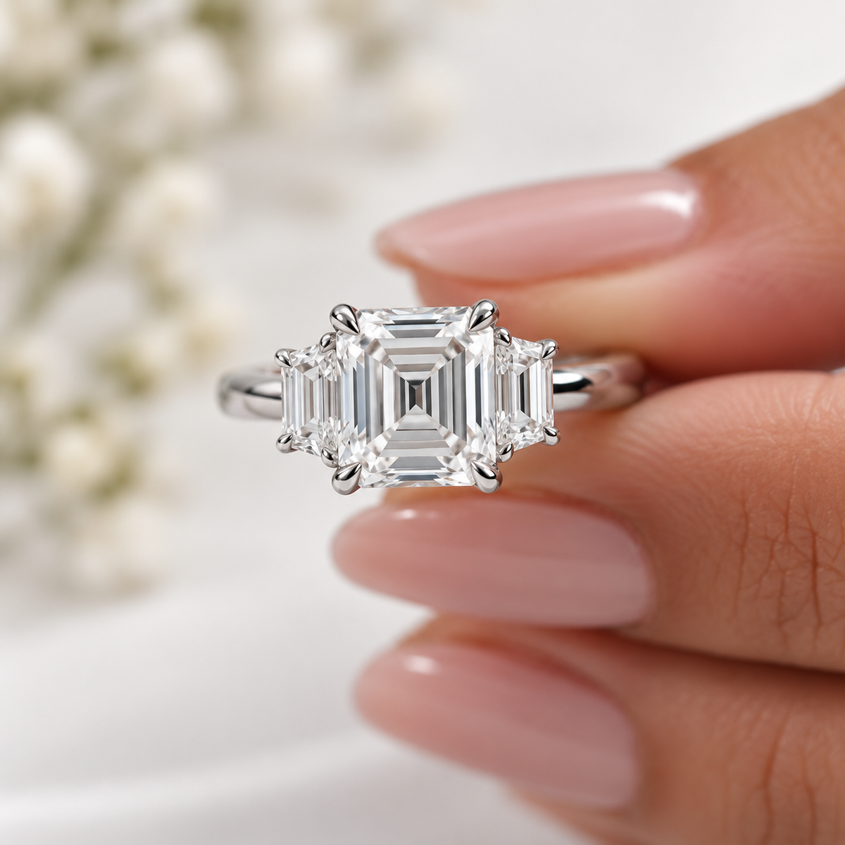Three Stone Asscher Cut Lab-Grown Diamond Engagement Ring