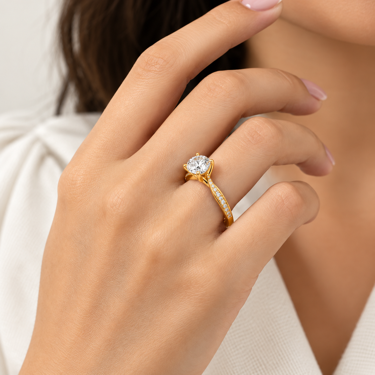 Round Cut Side Stone Twisted Pavé Lab-Grown Engagement Ring