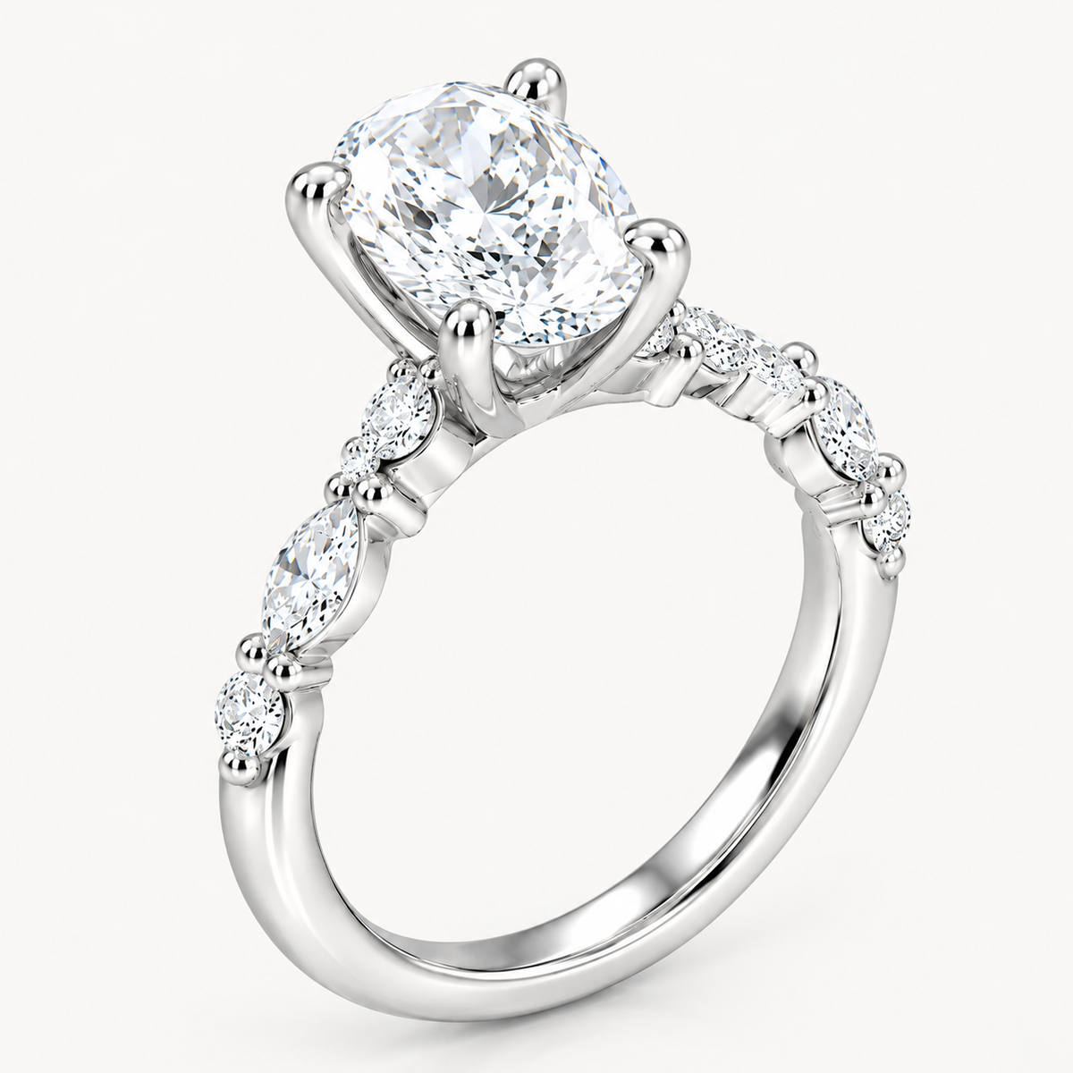 Oval-Cut Diamond Engagement Ring with Marquise and Round Accents