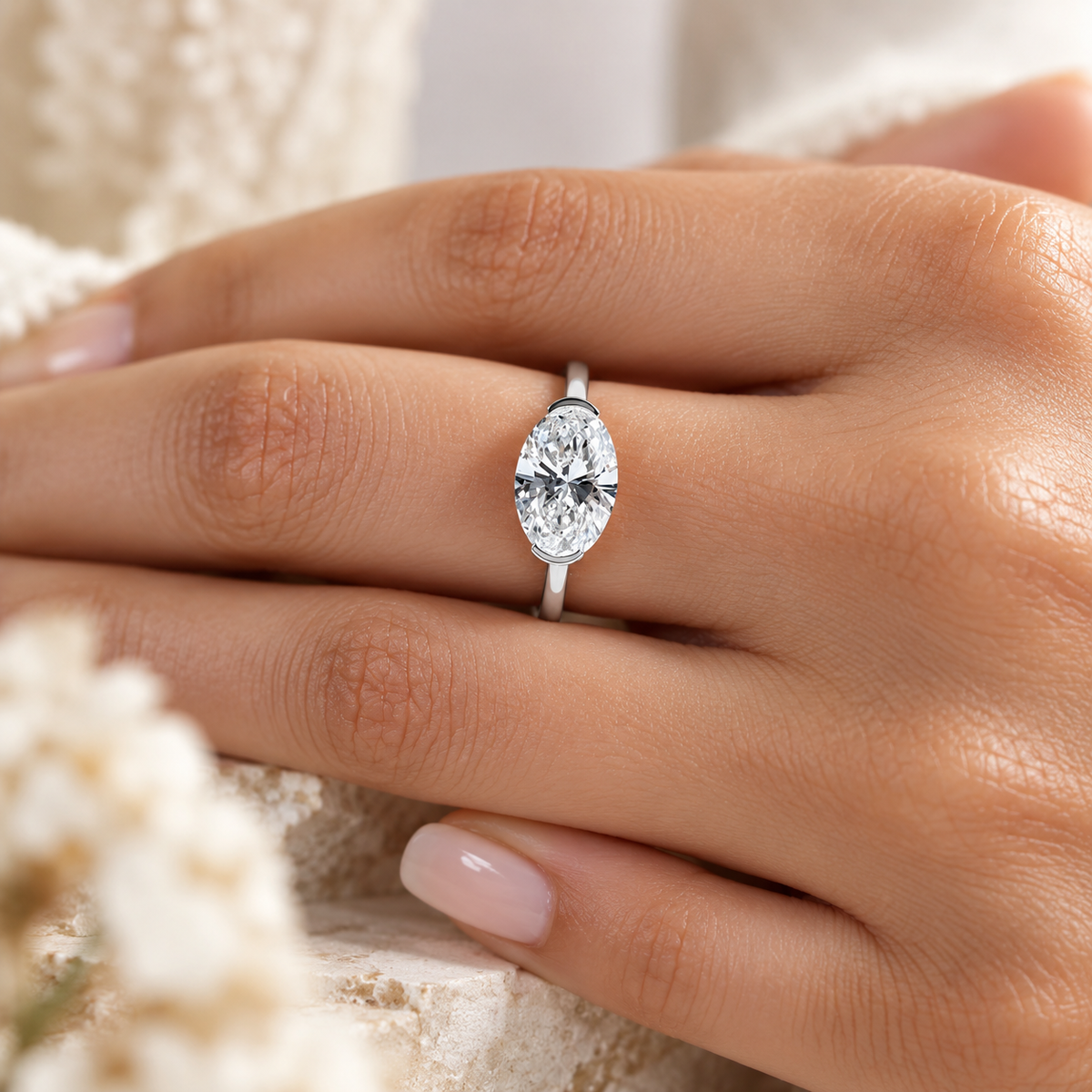 Oval Cut East-West Half-Bezel Lab-Grown Diamond Engagement Ring