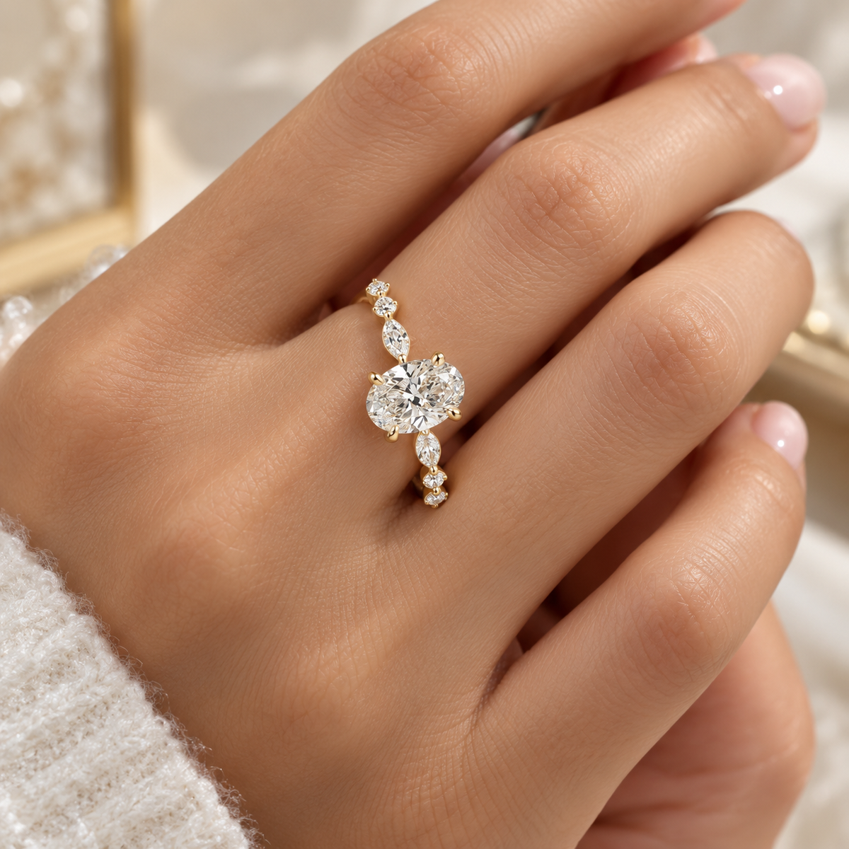 Oval Cut Engagement Ring with Marquise Side Stones