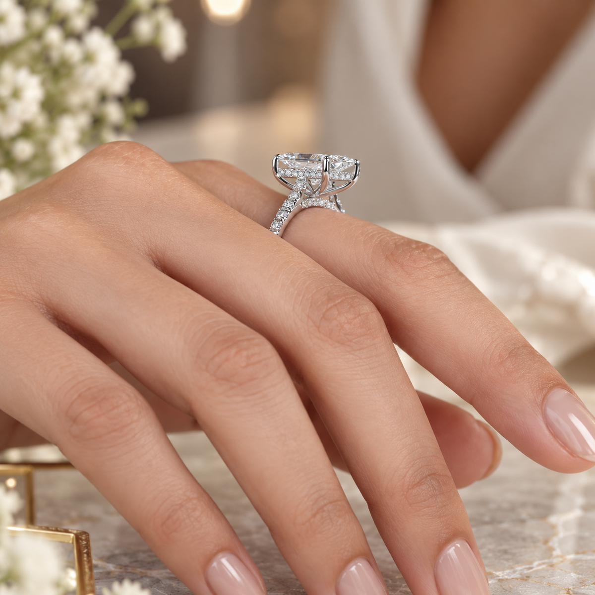 Radiant Cut Lab Grown Diamond Engagement Ring With Pave Band Hidden Halo