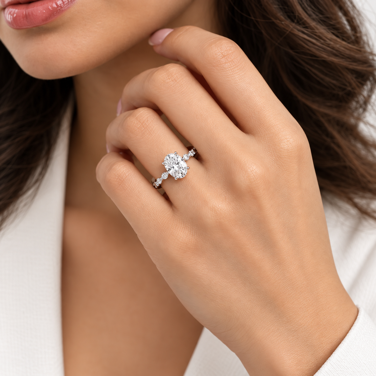 Oval-Cut Diamond Engagement Ring with Marquise and Round Accents